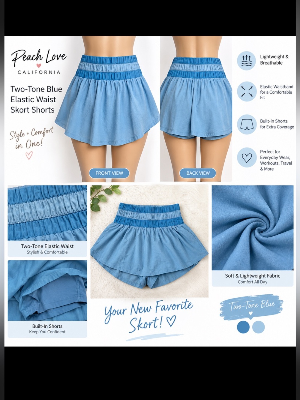 Peach Love California Two-Tone Blue Elastic Waist Skort Shorts